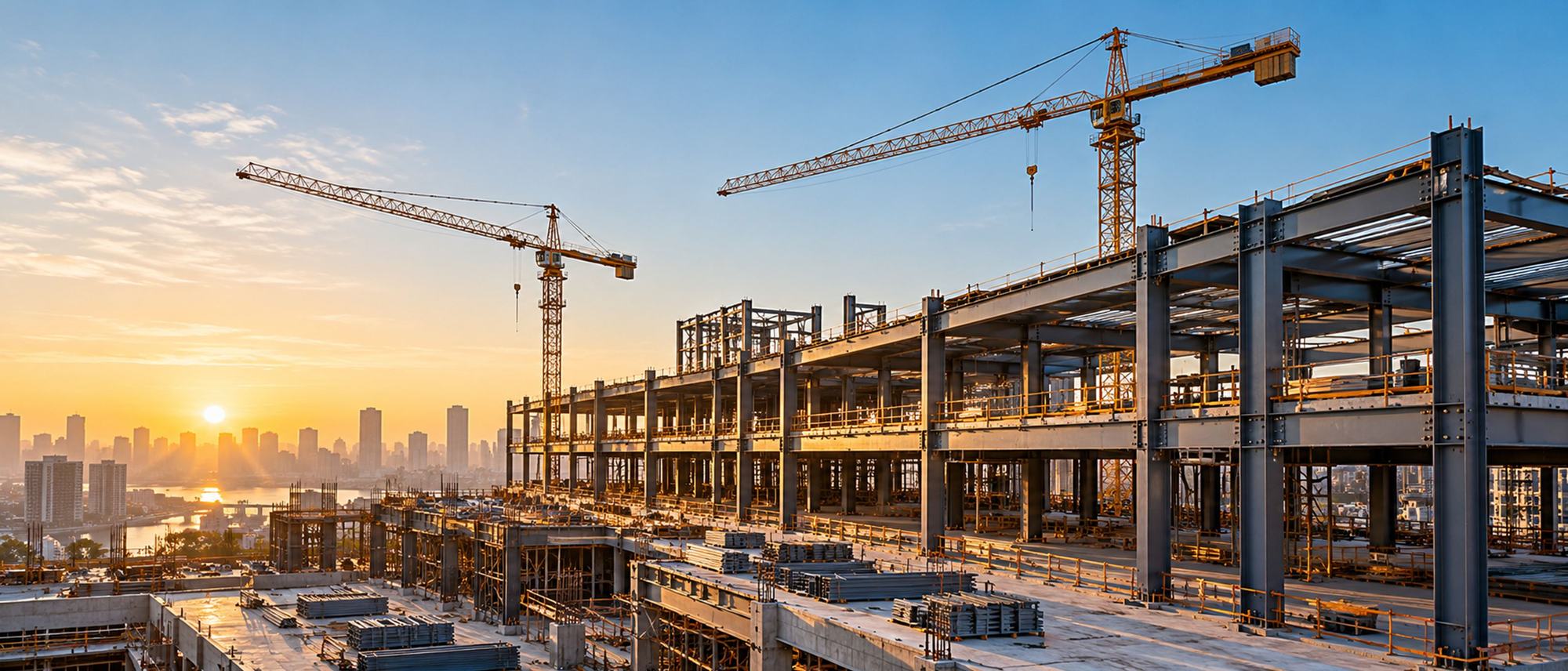 Steel structure and tower cranes on a Gulf construction site at sunrise, for civil engineering and infrastructure executive search