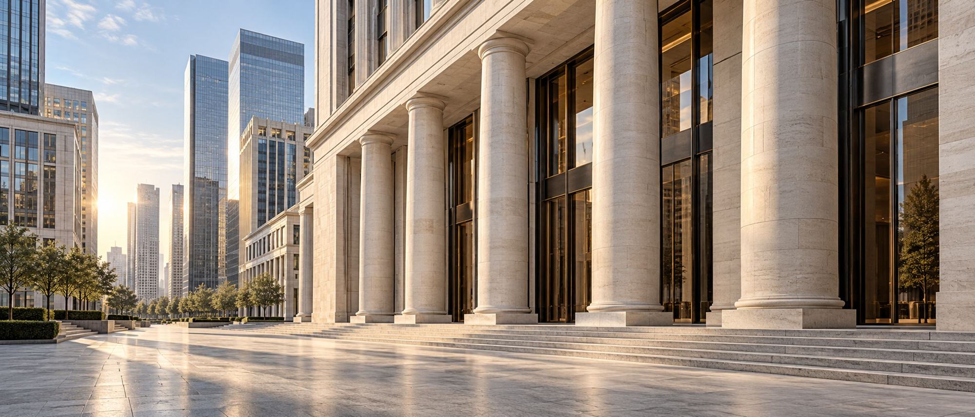 Colonnaded financial building beside city towers, for banking, financial services and insurance executive search