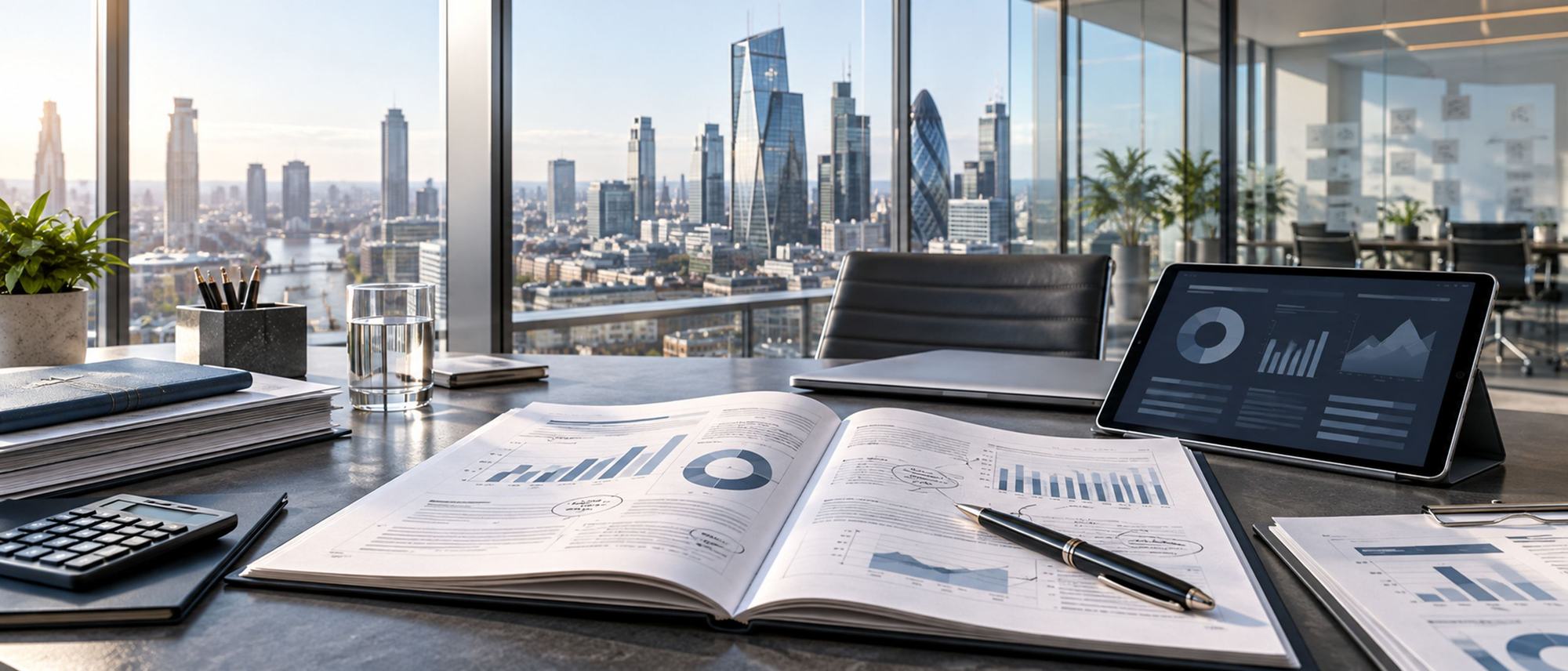 Board papers and a tablet on a desk overlooking a city skyline, for professional services executive search