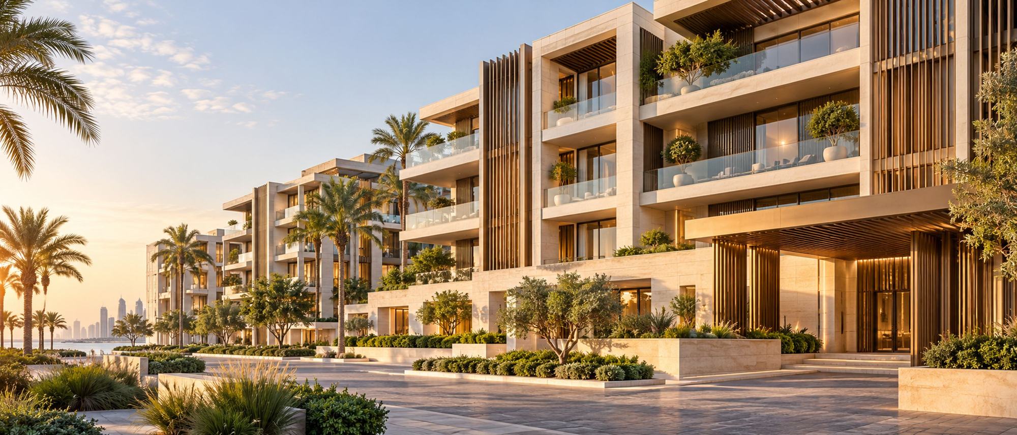 Waterfront residential development with palm trees, for real estate executive search