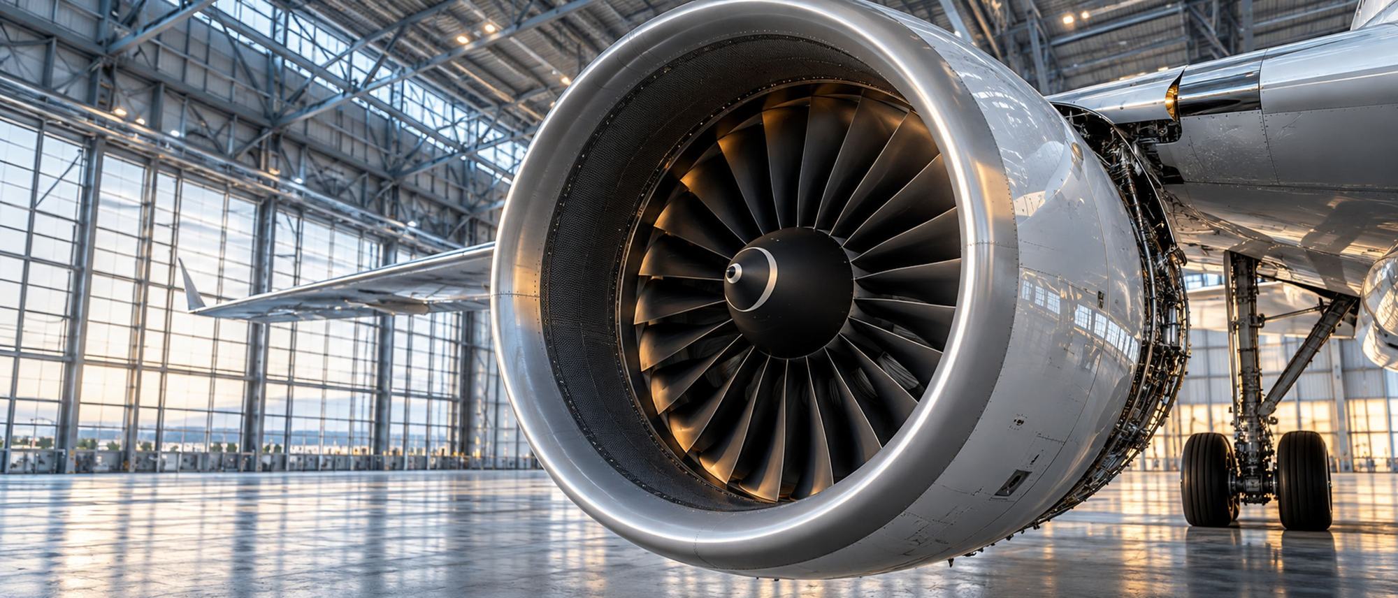 Jet engine on an aircraft in a hangar, for aerospace and defence executive search